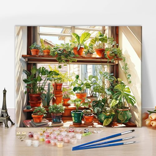 TISHIRON Malen Nach Zahlen Erwachsene, Paint by Numbers Malen Nach Zahlen, DIY Pflanzen in Töpfen auf dem Fensterbrett des Hauses Handgemalt Ölgemälde Leinwand für Home Decor, Ohne Rahmen (40x50cm) von TISHIRON