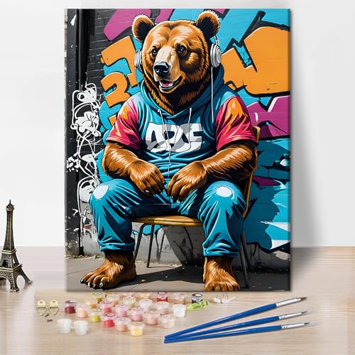 TISHIRON Malen Nach Zahlen Erwachsene Junior Bär Sitzt mit Kopfhörern Malen-Nach-Zahlen Erwachsene DIY Malen Nach Zahlen Kits Faltenfreie Leinwand mit 3 Pinsel, 40x50cm von TISHIRON