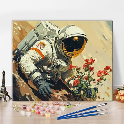 TISHIRON Malen Nach Zahlen Erwachsene Junior Malen-Nach-Zahlen Astronaut Malen Nach Zahlen Für Erwachsene DIY Handgemalt Ölgemälde Kit Mit 3 Pinseln Und Knitterfreie Leinwand Kit, 40x50cm von TISHIRON