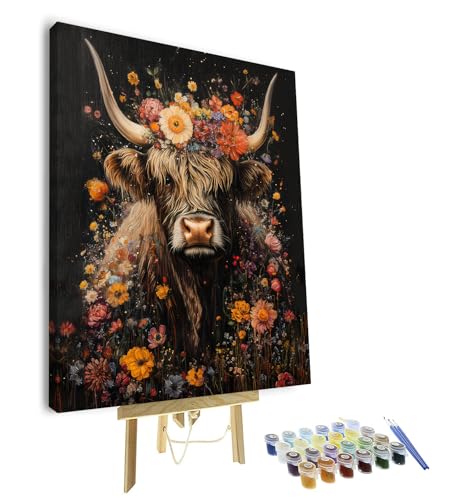 TISHIRON Malen Nach Zahlen Erwachsene Kühe und Blumen Explodieren in Schottland - DIY Handgemalt Ölgemälde Leinwand Kits für Frauen Home Deko Geburtstag Weihnachten Geschenk - 40 x 50 cm (Mit Rahmen) von TISHIRON
