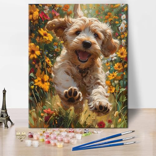 TISHIRON Malen Nach Zahlen Erwachsene Welpe, Golden Retriever Malen Nach Zahlen Kits Auf Leinwand, DIY Handgemaltes Ölgemälde Set, Welpe Malen Nach Zahlen Junior Heimdekoration- 16 * 20 Zoll von TISHIRON
