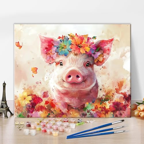 TISHIRON Malen Nach Zahlen Für Erwachsene, Schwein mit Blumenkrone Malen Nach Zahlen Erwachsene, Malen Nach Zahlen, DIY Malen-Nach-Zahlen Kits Rahmenlose Leinwand Mit 3 Pinseln - 16 * 20 Zoll von TISHIRON
