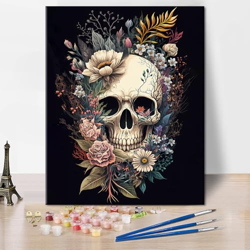 TISHIRON Malen Nach Zahlen Für Erwachsene Schädel mit Blumen, Malen Nach Zahlen Kits DIY Acrylmalerei Für Erwachsene Kinder Malen Nach Zahlen Abstrakte Kunsthandwerk, 16x20 Zoll(rahmenlos) von TISHIRON