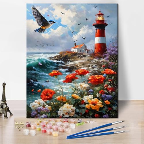 TISHIRON Malen Nach Zahlen Leuchtturm Malen Nach Zahlen Erwachsene Leuchtturm Blume Malen-Nach-Zahlen Für Erwachsene DIY Malen-Nach-Zahlen Kits Handgemalt Ölgemälde Kit, 40x50cm von TISHIRON