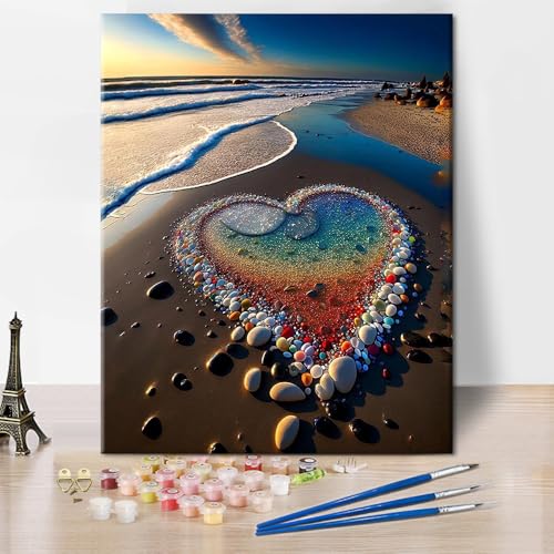 TISHIRON Malen Nach Zahlen Set für Erwachsene Herz am Strand bei Sonnenuntergang DIY Malen Nach Zahlen für Erwachsene wunderschönes Meereslandschaft Ölgemälde mit Pinsel 40x50 cm von TISHIRON
