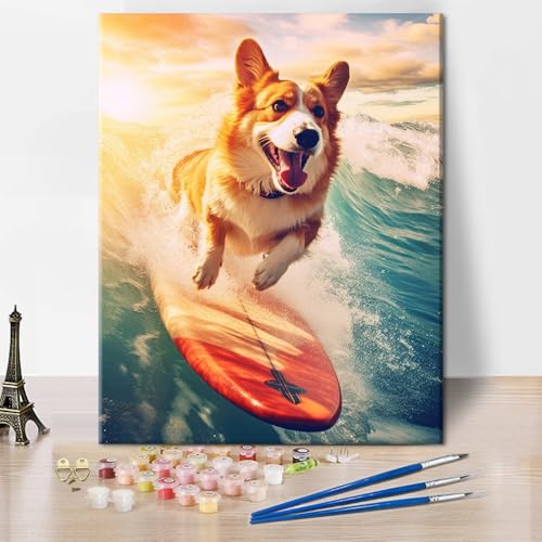 TISHIRON Malen Nach Zahlen Set für Erwachsene Hund Erwachsenen Malen Nach Zahlen Corgi Hund mit Surfbrett Abstraktes Erwachsenen Malen Nach Zahlen Set Sonnenuntergang Ölmalerei Kunsthandwerk von TISHIRON