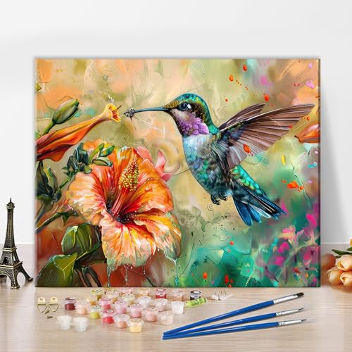 TISHIRON Malen Nach Zahlen Set für Erwachsene Vogel Malen Nach Zahlen für Erwachsene Kolibri sammelt Nektar von Blüten Erwachsenen Malen Nach Zahlen Set auf Leinwand Ölmalerei Kunsthandwerk 40x50 cm von TISHIRON