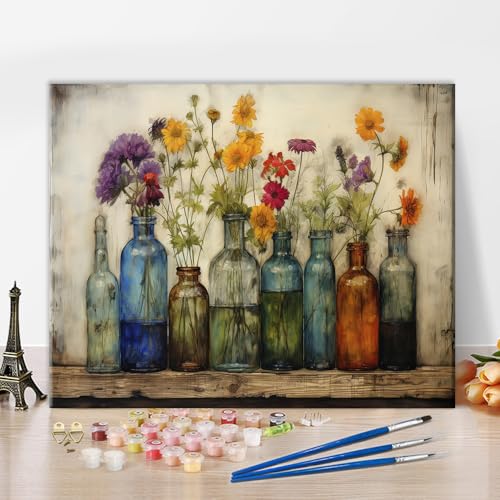 TISHIRON Malen Nach Zahlen Set für Erwachsene: Abstrakte Blumen und Flaschen, Vintage DIY Malen Nach Zahlen-Set auf Leinwand, rustikales Schild, Aquarellzeichnung, Ölmalerei Kunsthandwerk, 40x50 cm TISHIRON Malen Nach Zahlen Set für Erwachsene: Abstrakte Blumen und Flaschen, Vintage DIY Malen Nach Zahlen-Set auf Leinwand, rustikales Schild, Aquarellzeichnung, Ölmalerei Kunsthandwerk, 40x50 cm von TISHIRON