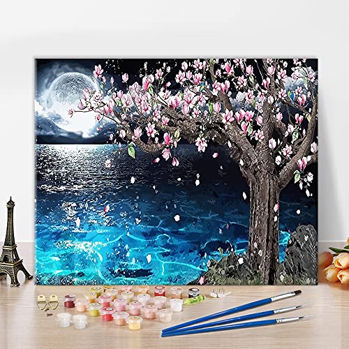 TISHIRON Malen Nach Zahlen für Erwachsene DIY Handgemalt Kirschbaum im Mondlicht Ölgemälde Kit Leinwand Pinsels und Acrylfarbe Malen Nach Zahlen 40 X 50cm(ohne Rahmen) von TISHIRON