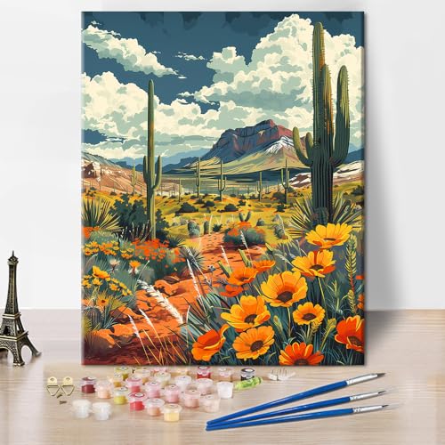 TISHIRON Malen Nach Zahlen Kit - Kakteengebirge Und Wüstenlandschaft für Erwachsene Und Anfänger - Kunsthandwerk 16x20 Inch von TISHIRON