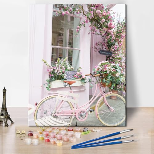 TISHIRON Malen nach Zahlen, Motiv: rosa Fahrräder und Blumen, DIY-Gemälde auf Leinwand, Ölgemälde-Set für Erwachsene, Zeichnen, Malerei für Anfänger, mit Pinseln, 40,6 x 50,8 cm (rahmenlos) von TISHIRON