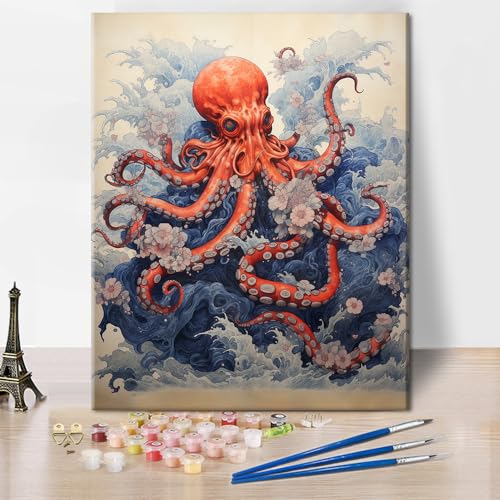 TISHIRON Malen nach Zahlen zum Selbermachen, Oktopus mit Tentakeln und Blumen in Ozean-Szene, Erwachsene, Anfänger, 40,6 x 50,8 cm Leinwand TISHIRON Malen nach Zahlen zum Selbermachen, Oktopus mit Tentakeln und Blumen in Ozean-Szene, Erwachsene, Anfänger, 40,6 x 50,8 cm Leinwand von TISHIRON
