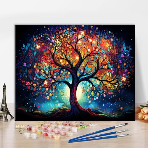 TISHIRON Malen nach Zahlen Baum des Lebens Malen nach Zahlen für Erwachsene Lichtbaum Malen nach Zahlen für Anfänger Bunter Baum Malen nach Zahlen Kits auf Leinwand Kunsthandwerk, 40x50 CM von TISHIRON