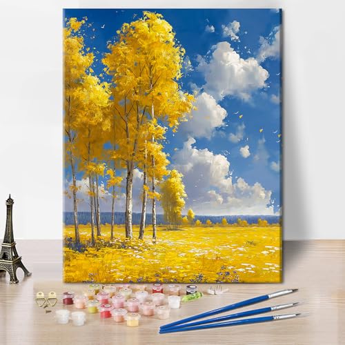 TISHIRON Malen nach Zahlen Birkenwald DIY Malen nach Zahlen für Erwachsene Kinder Gelbe Bäume Malen nach Zahlen Kits auf Leinwand mit Pinseln für Home Wall Decor 40 x 50 cm(rahmenlos) von TISHIRON