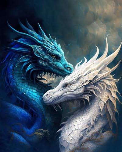 TISHIRON Malen nach Zahlen Blauer weißer Drache DIY Malen nach Zahlen für Erwachsene Kinder Fantasydrache Malen nach Zahlen Kits auf Leinwand mit Pinseln für Home Wall Decor 40 x 50 cm(rahmenlos) von TISHIRON
