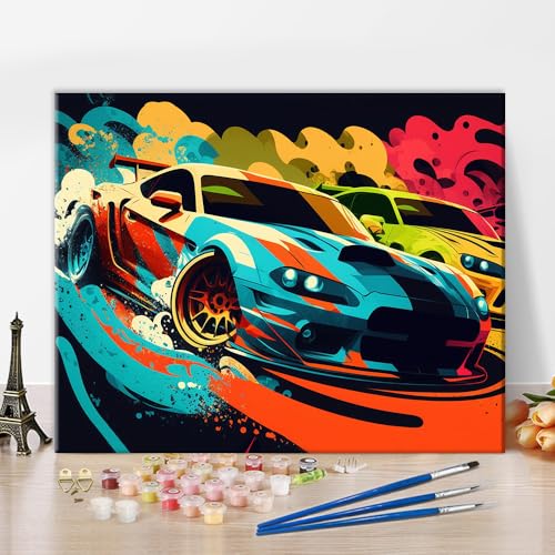 TISHIRON Malen nach Zahlen Bunt Karierte Rennautos, Erwachsenen Farbtafel für Anfänger Rennauto-Zeichnung, Malerei mit 3 Pinsel-Malerei auf Leinwand Ölmalerei 40 × 50 cm (Rahmenlos) von TISHIRON