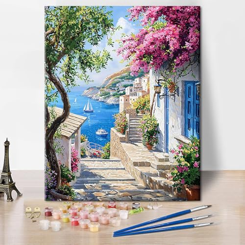 TISHIRON Malen nach Zahlen Erwachsene, Malen für Erwachsene, Malerische Gassen am Ägäischen Meer, Mediterranes Stadtbild, 16x20 Zoll von TISHIRON
