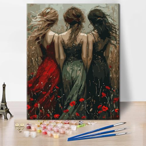 TISHIRON Malen nach Zahlen Erwachsene, Malen für Erwachsene - Abstraktes Gemälde Drei Frauen von hinten, Zeitgenössische Silhouette DIY Kunst Malen nach Zahlen - 16x20 inch von TISHIRON