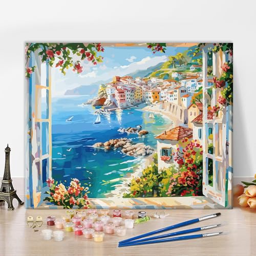 TISHIRON Malen nach Zahlen Erwachsene, Malen für Erwachsene - Meerblick aus dem Fenster, Strandpanorama Landschaftsgemälde DIY Kunst - 16x20 inch(40x50 cm) von TISHIRON