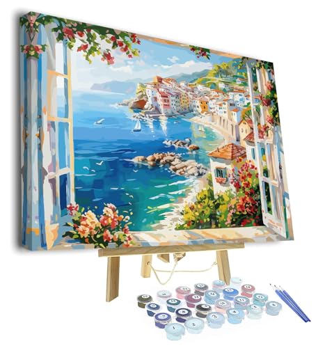 TISHIRON Malen nach Zahlen Erwachsene, Malen für Erwachsene - Meerblick aus dem Fenster, Strandpanorama Landschaftsgemälde DIY Kunst - 16x20 inch(Gerahmt) von TISHIRON