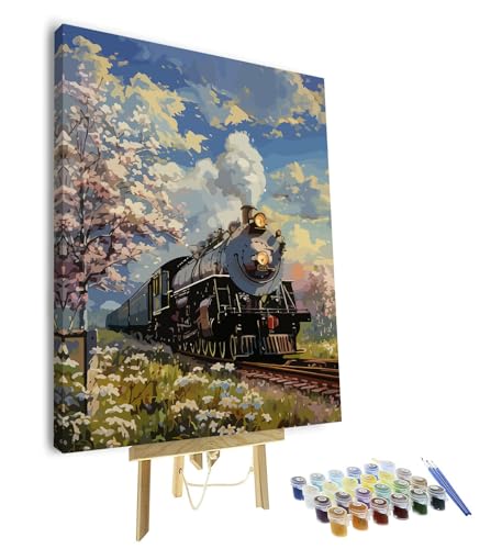 TISHIRON Malen nach Zahlen Erwachsene, Malen für Erwachsene - Retro Dampflok in Blumenfeld Landschaftsgemälde, Nostalgische DIY Kunst Malen nach Zahlen - 16x20 inch(Gerahmt) von TISHIRON