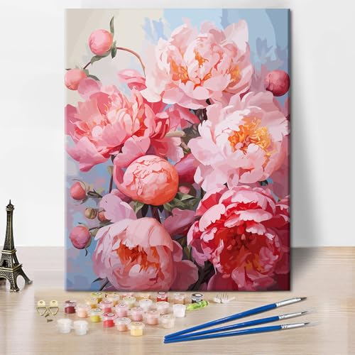 TISHIRON Malen nach Zahlen Erwachsene, Malen für Erwachsene - Rosa Pfingstrosen Blumengemälde DIY Kunst - 16x20 inch von TISHIRON