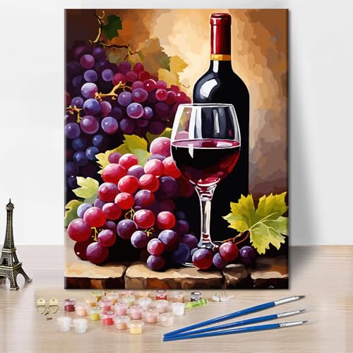 TISHIRON Malen nach Zahlen Erwachsene, Malen für Erwachsene - Rotwein mit Trauben Stillleben Gemälde, Wein & Früchte DIY Kunst Malen nach Zahlen - 16x20 inch von TISHIRON