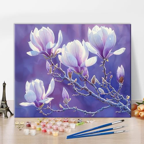 TISHIRON Malen nach Zahlen Erwachsene, Malen für Erwachsene - Weiße Magnolien auf Lila Hintergrund, Blumengemälde, 16x20 Zoll von TISHIRON