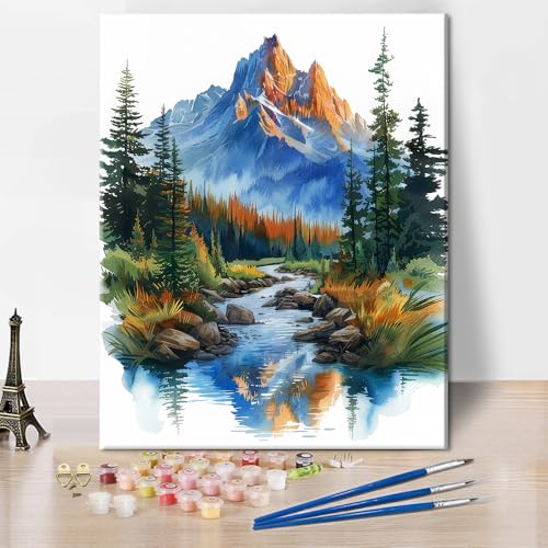 TISHIRON Malen nach Zahlen Erwachsene,Berg mit Fluss, Bäumen, Wasserfarben Ölmalerei DIY Bastelset Handgemalt Ölgemälde Kit Paint by Numbers Adult Leinwand Kit - 40 X 50 CM von TISHIRON