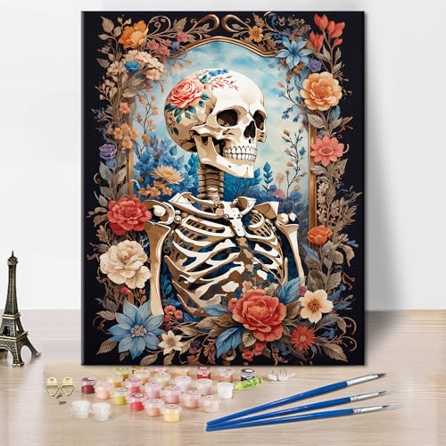 TISHIRON Malen nach Zahlen Erwachsene Anfänger, Skelett mit Blumen Malen nach Zahlen, DIY Malen-nach-Zahlen-Set für Erwachsene auf Leinwand mit 3 Pinseln, Skelett Malen nach Zahlen, 40 x 50 cm TISHIRON Malen nach Zahlen Erwachsene Anfänger, Skelett mit Blumen Malen nach Zahlen, DIY Malen-nach-Zahlen-Set für Erwachsene auf Leinwand mit 3 Pinseln, Skelett Malen nach Zahlen, 40 x 50 cm von TISHIRON