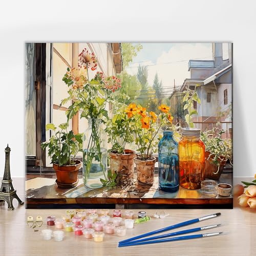 TISHIRON Malen nach Zahlen Erwachsene Blumen Aquarell in Krügen und Flaschen DIY Set mit Leinwand Acrylfarben Pinseln für Wohnzimmer Deko 40x50 cm von TISHIRON
