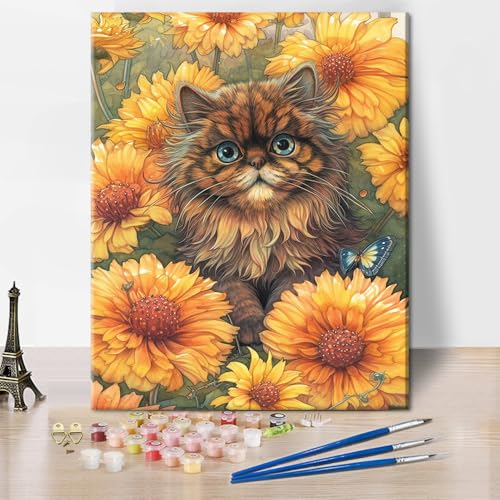 TISHIRON Malen nach Zahlen Erwachsene Die Katze ist unter den Blumen Malen nach Zahlen Junior Blumen Malen nach Zahlen Sets DIY Malen nach Zahlen für Erwachsene mit 3 Pinseln Heimdekoration,40x50cm von TISHIRON