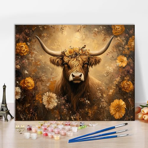 TISHIRON Malen nach Zahlen Erwachsene Highland Cow, Tiere Adult Paint by Numbers Kits, Flower DIY Malen nach Zahlen auf Leinwand für Anfänger, Ölgemälde für Home Decor 40 x 50 cm(rahmenlose) von TISHIRON