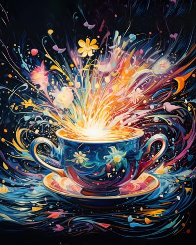 TISHIRON Malen nach Zahlen Erwachsene Kaffee mit bunten Splashs DIY Malen nach Zahlen für Erwachsene Abstrakt Malen nach Zahlen Kit für Erwachsene Kaffeetasse Acrylmalerei Kits 40 x 50 cm(rahmenlos) von TISHIRON