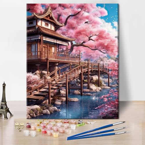 TISHIRON Malen nach Zahlen für Erwachsene - Kirsche und Blüte Acrylmalerei Kit - DIY Leinwand Seelandschaft 40 x 50 cm (Rahmenlos) von TISHIRON