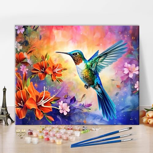 TISHIRON Malen nach Zahlen Erwachsene Kolibri, Malen nach Zahlen auf Leinwand Tier, Malen nach Zahlen Kits Blumen, Blühendes Ölgemälde für Zuhause Wanddekoration 40 x 50 cm(rahmenlos) von TISHIRON