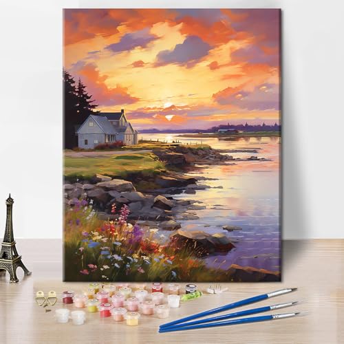 TISHIRON Malen nach Zahlen Erwachsene Landschaft, DIY Malen nach Zahlen Kit für Erwachsene Sonnenuntergang, Ölgemälde für Home, Acryl Malen nach Zahlen Kits auf Leinwand 40 x 50 cm(rahmenlos) von TISHIRON
