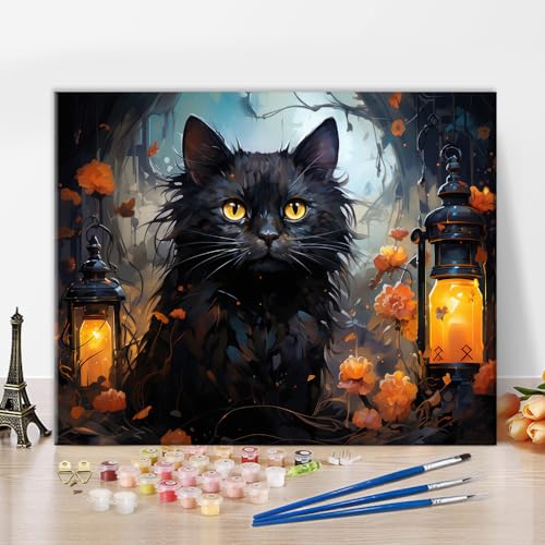 TISHIRON Malen nach Zahlen Erwachsene Schwarze Katze DIY Malen nach Zahlen Kits auf Leinwand Halloween Tiere Acrylmalerei Malerei mit Pinseln Kunsthandwerk für Zuhause 16 "x20(rahmenlos) von TISHIRON