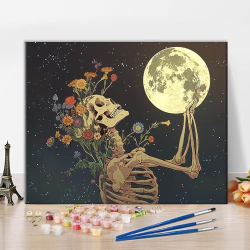 TISHIRON Malen nach Zahlen Erwachsene Skelett Malen nach Zahlen Aquarell Landschaft DIY Erwachsene Malen-nach-Zahlen Kits Skelett mit Vollmond Acrylmalerei Kunsthandwerk 40X50 cm(Rahmenlos) von TISHIRON