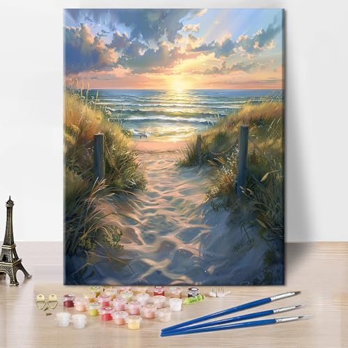 TISHIRON Malen nach Zahlen Erwachsene Strandszene mit Zaun DIY Malen nach Zahlen für Erwachsene Ozean Malen nach Zahlen Kit für Erwachsene Strandszene Acrylmalerei Kits 40 x 50 cm(rahmenlos) von TISHIRON