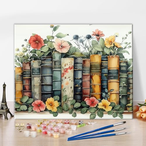 TISHIRON Malen nach Zahlen Erwachsene Vintage Bücher mit Blumen Pflanzen DIY Kunst Set Leinwand Acrylfarben Pinsel Retro Stil Wohnzimmer Deko 40x50 cm von TISHIRON
