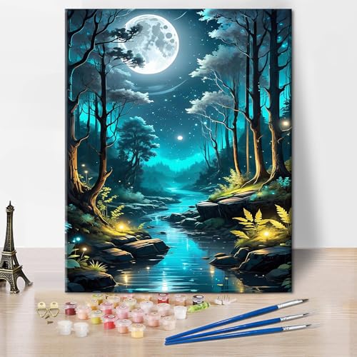 TISHIRON Malen nach Zahlen Erwachsene Waldlandschaft Erwachsene Malen nach Zahlen Mondschein Malen nach Zahlen Kits Nachtlandschaft DIY Ölhandmalerei Kunsthandwerk 40 x 50 cm(rahmenlos) von TISHIRON