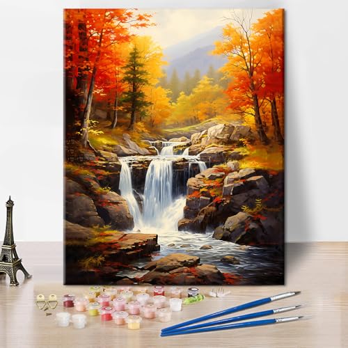 TISHIRON Malen nach Zahlen Erwachsene Wasserfall DIY Malen nach Zahlen für Erwachsene Wald Bäume im Herbst Malen nach Zahlen Kit für Erwachsene Acrylmalerei Kits 40 x 50 cm(rahmenlos) von TISHIRON