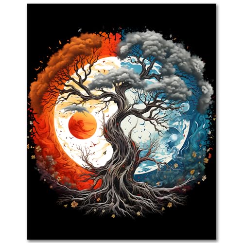 TISHIRON Malen nach Zahlen Erwachsene Yin Yang Baum DIY Öl Handmalerei mit Pinseln Rot Blau Lebensbaum Erwachsene Malen nach Zahlen Kits Mond Sonne Kunsthandwerk 40 x 50 cm(rahmenlos) von TISHIRON