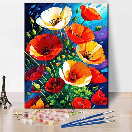 TISHIRON Malen nach Zahlen Erwachsene mit Pinseln Blumen Öl Handmalerei Kits Acryl Pigment Mohn DIY Malen nach Zahlen Malerei für Zuhause 40 x 50 cm(rahmenlos) von TISHIRON