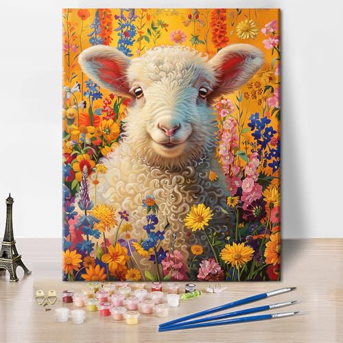 TISHIRON Malen nach Zahlen Kit - Ziege zwischen Blumen, 40x50 cm Niedliches Schaf-Motiv für Erwachsene & Anfänger, DIY Ölmalerei-Projekt mit Acrylfarben für Zuhause von TISHIRON