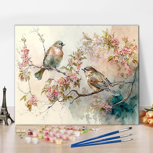 TISHIRON Malen nach Zahlen Kit für Erwachsene Bunte Vögel Erwachsenen Malen nach Zahlen mit Pinseln Blühender Baum mit Blumen Ölmalerei nach Zahlen DIY Malerei Kunsthandwerk für Zuhause 16x20 Zoll von TISHIRON