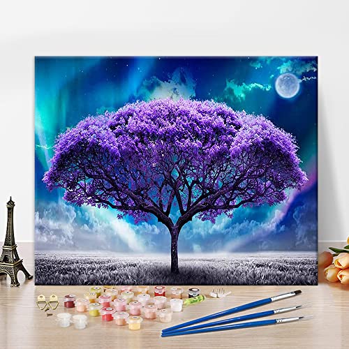 TISHIRON Malen nach Zahlen Kits, Aurora Malen nach Zahlen für Erwachsene Anfänger, DIY lila Baum Landschaft Boho Malen nach Zahlen, 16x20 Zoll Malen nach Zahlen für Home Decoration ohne Rahmen von TISHIRON