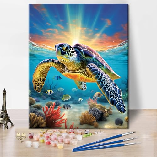 TISHIRON Malen nach Zahlen Kits Meeresschildkröte, DIY Ozean Malen nach Zahlen Erwachsene Anfänger, Fisch Acrylmalerei auf Leinwand für Geschenk Home Wall Decor 40 x 50 cm(rahmenlose) von TISHIRON