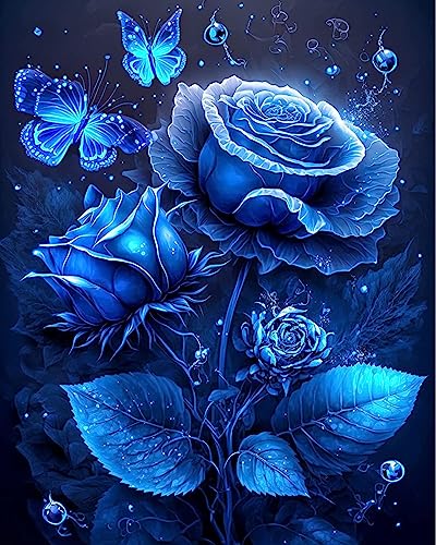 TISHIRON Malen nach Zahlen Kits für Erwachsene Kinder Blaue Rosen Ölgemälde Blaue Verzauberin Blumen Blauer Schmetterling DIY Malen nach Zahlen für Zuhause - 16" x 20" (ohne Rahmen) von TISHIRON
